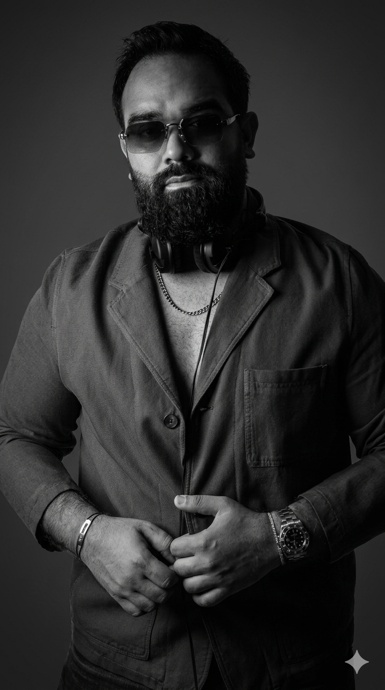 DJ LEMIR in a monochrome studio portrait, wearing sunglasses and a chore jacket, headphones resting around the neck.