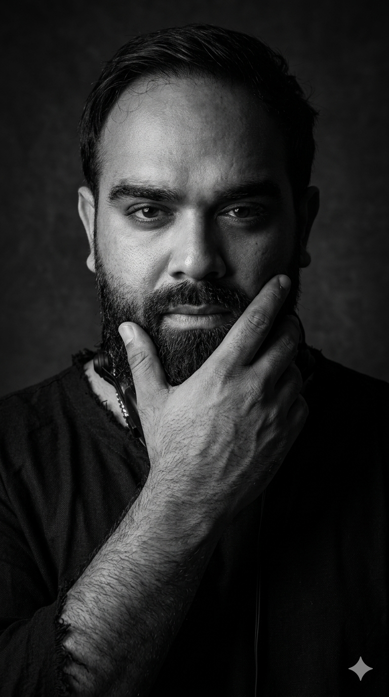 Close monochrome studio portrait of DJ LEMIR, one hand against the jaw, looking directly at the camera.