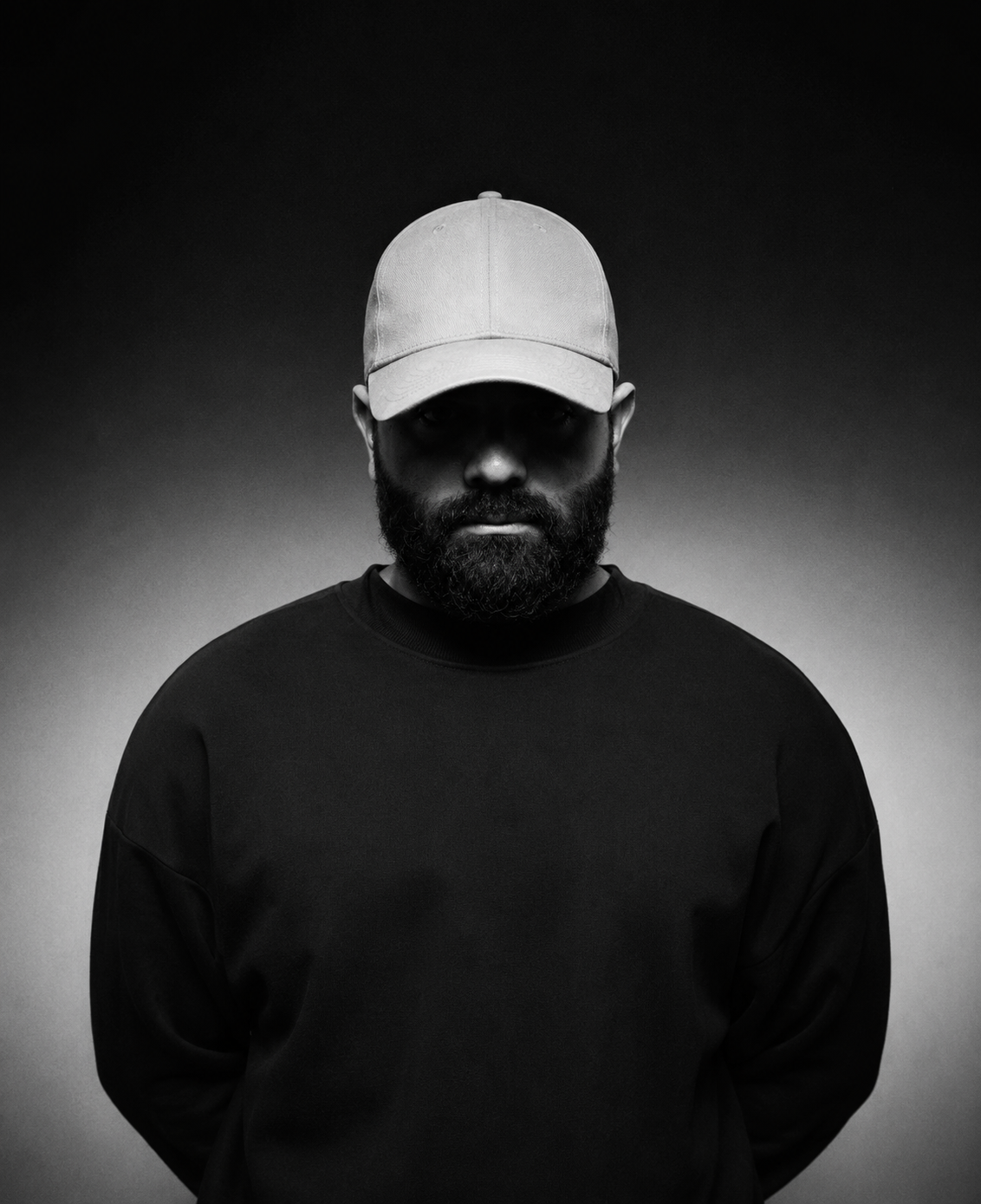 Black-and-white editorial portrait of a man wearing a light-colored baseball cap and black oversized sweatshirt, standing against a softly lit gradient background. His eyes are hidden in deep shadow beneath the cap, creating a dark, mysterious and minimal
