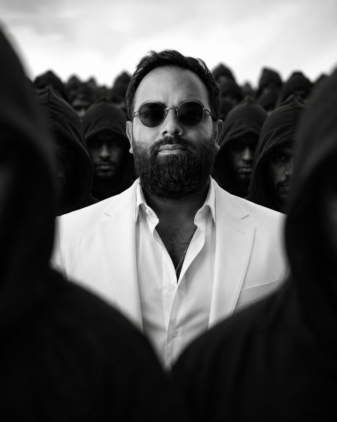 Me Wearing White surrounded by a crowd dressed in black